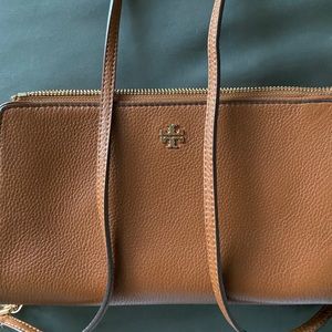 Toey Burch camel leather crossbody purse
